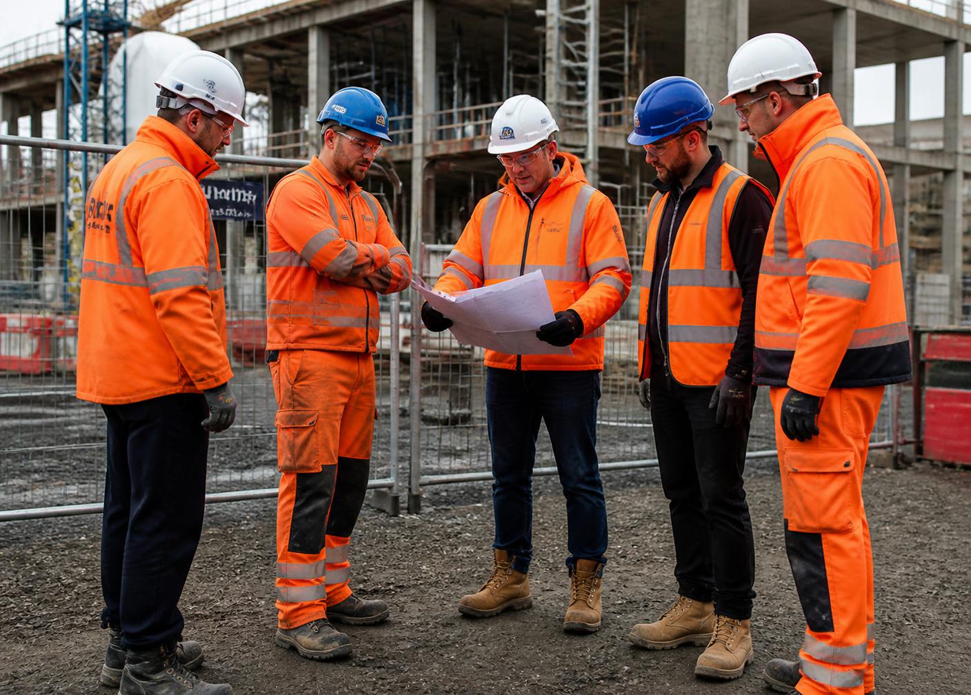 Construction supervisors reviewing drawings on a UK commercial site