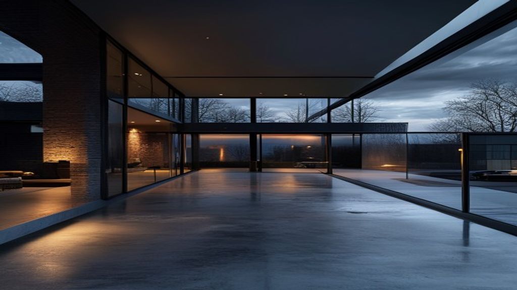 Modern glass-walled house at dusk with warm interior lighting, an open corridor, and a polished floor reflecting lights.