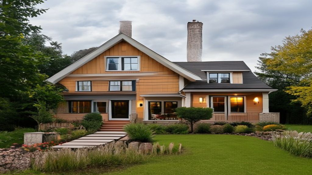 Two-story orange suburban house with front steps, neatly trimmed lawn, and landscaped garden paths edge the yard.