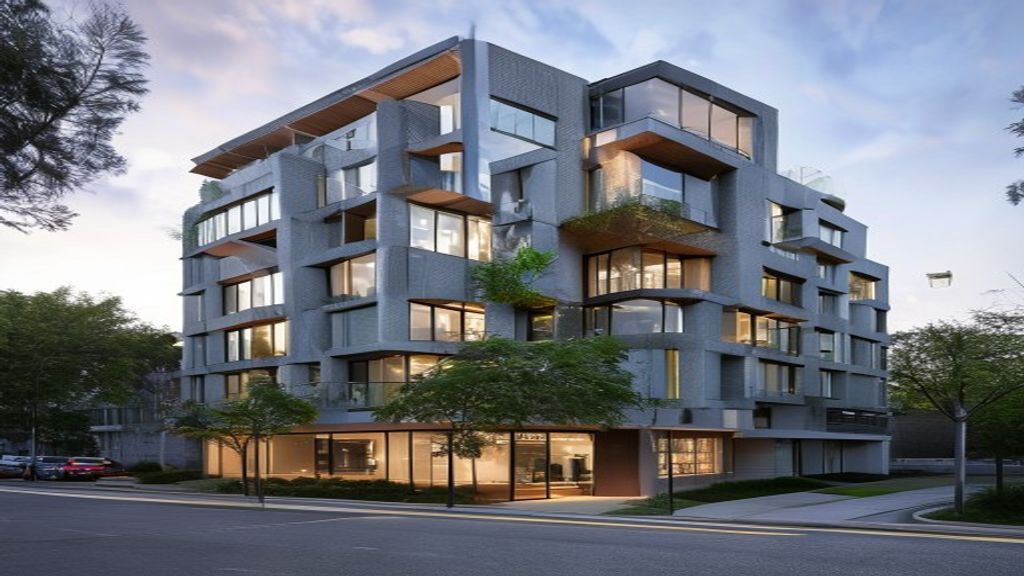 Modern multi-story residential building with large glass balconies on a tree-lined street at dusk.