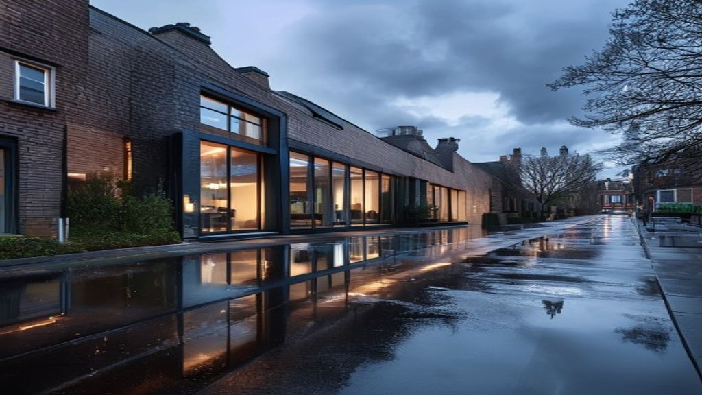 Wet street reflecting a row of modern brick buildings with expansive glass storefronts and warm interior lights after rain at dusk.
