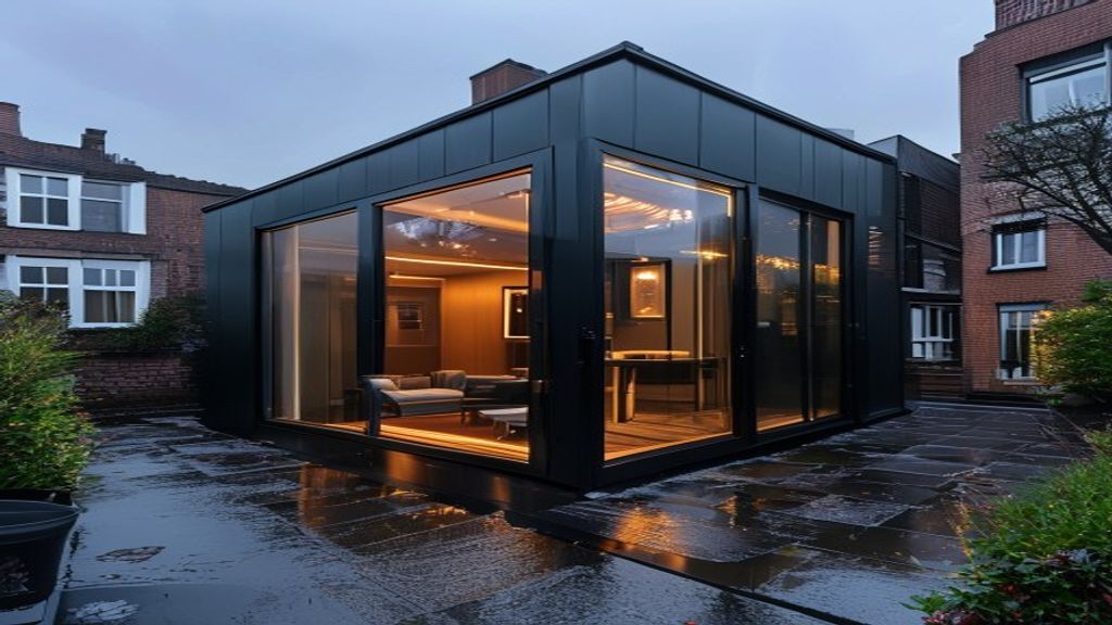 Modern black-framed glass extension with warm interior lighting, attached to a brick house on a wet patio at dusk.