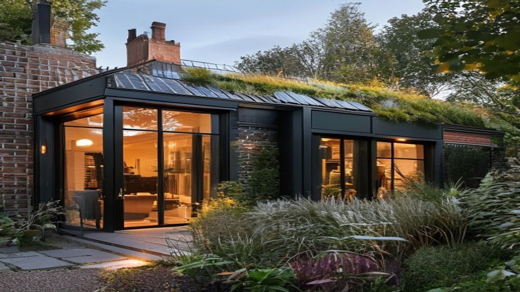 Modern glass-walled extension with black framing and a green roof attached to a brick house, warmly lit inside amid a landscaped garden.