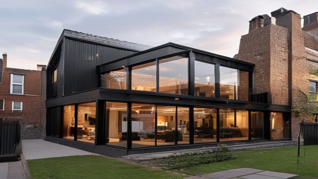 Two-story brick house with a black-framed glass extension revealing a bright, modern living space inside