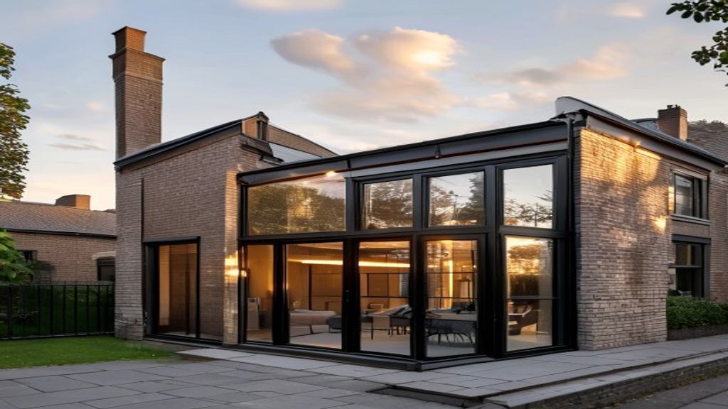 Modern brick house with a large glass-walled sunroom extension lit from inside at dusk, revealing seating area.