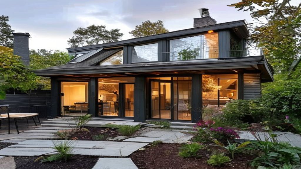 Modern two-story house with dark siding, expansive glass walls, and a lit interior visible from an open patio. Stone stepping stones create a path through a landscaped garden in front.