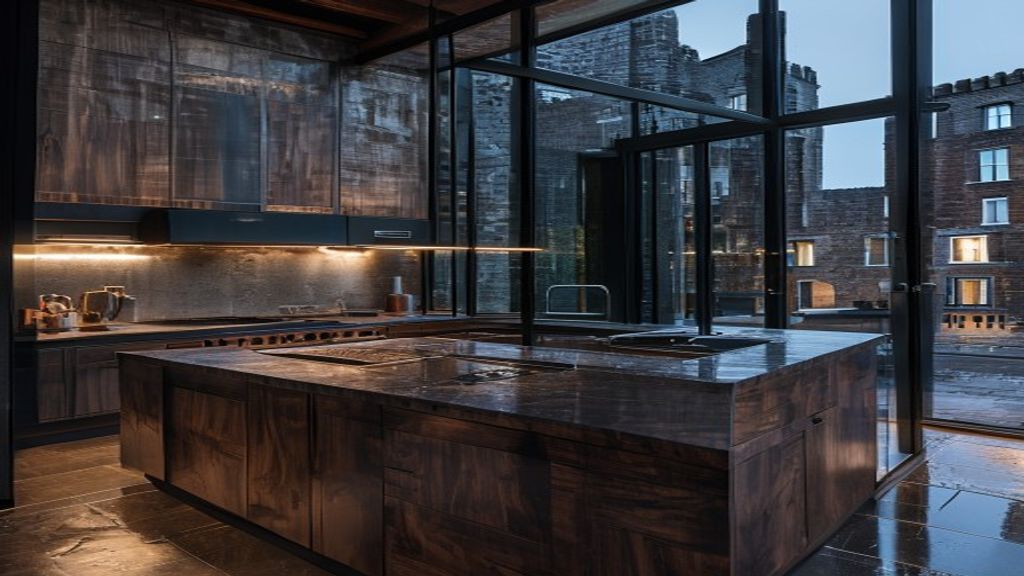 Modern kitchen with dark wood cabinets and a large central island, glass walls overlook urban buildings.